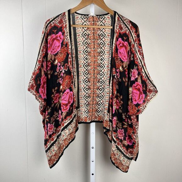 En Creme Tops - En Creme Kimono Wrap‎ Top Pink Black Rose Floral Boho Western Womens Medium